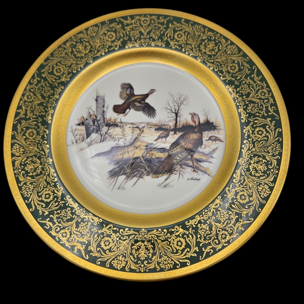 Vintage Pickard Limited Edition Wild Turkey Lockhart Birds 1970 Green Gold Plate